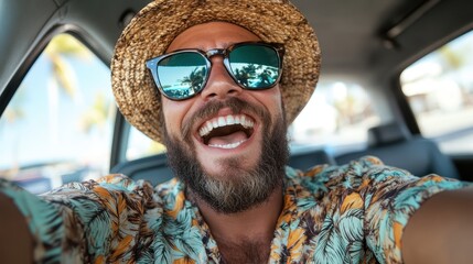 A delighted bearded man wearing a straw hat enjoys a fun ride in a car, capturing a moment of joy and adventure under the sun while celebrating the carefree spirit of summer.