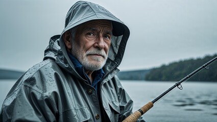 An elderly man fishing in a raincoat by a lake in closeup portrait on a plain light gray background