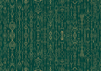 Hand-drawn unique abstract symmetrical seamless gold ornament on a dark cold green background. Paper texture. Digital artwork, A4. (pattern: p14a)