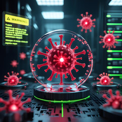 Set within a moody cyberpunk lab, the environment pulses with neon-green warning alerts flashing across futuristic monitors. 