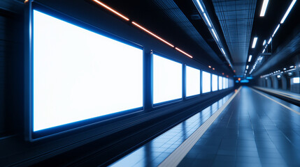 Futuristic train station with a glowing blank digital billboard ready for branding.
