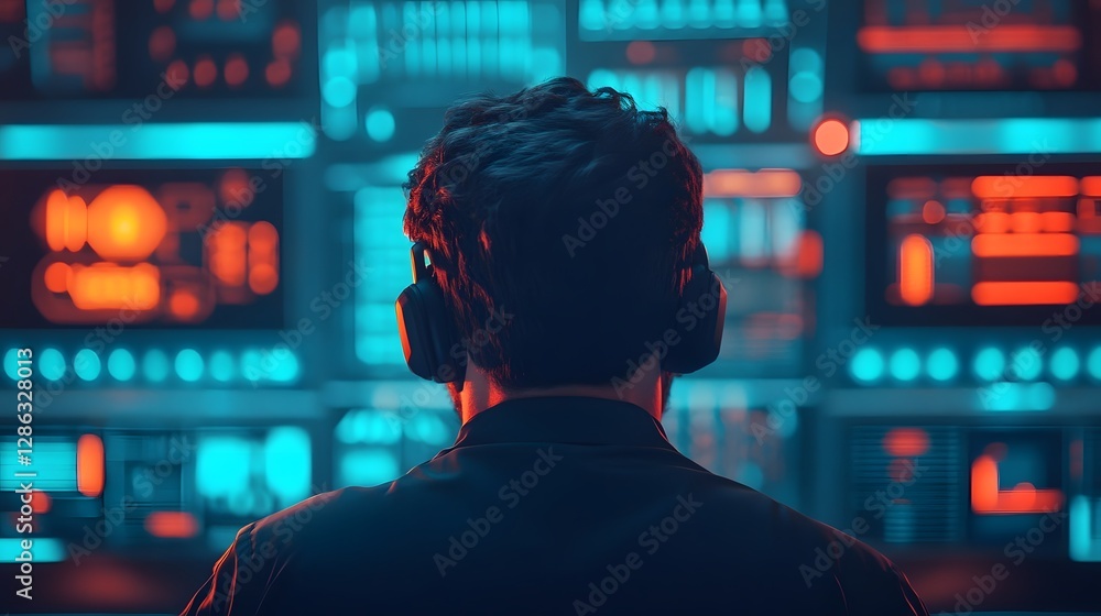 Poster futuristic cybersecurity monitoring station with operator at work