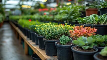 Greenhouse Plants on Wooden Shelves