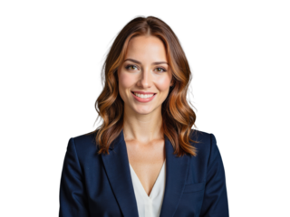 A well-dressed professional woman with shoulder-length brown hair smiling while wearing a navy blue blazer and a white blouse against a transparent background