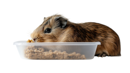 Cute small animal enjoying a meal in a clear container on a bright surface during daylight