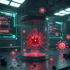 Set within a moody cyberpunk lab, the environment pulses with neon-green warning alerts flashing across futuristic monitors. 