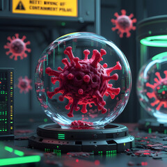 Set within a moody cyberpunk lab, the environment pulses with neon-green warning alerts flashing across futuristic monitors. 