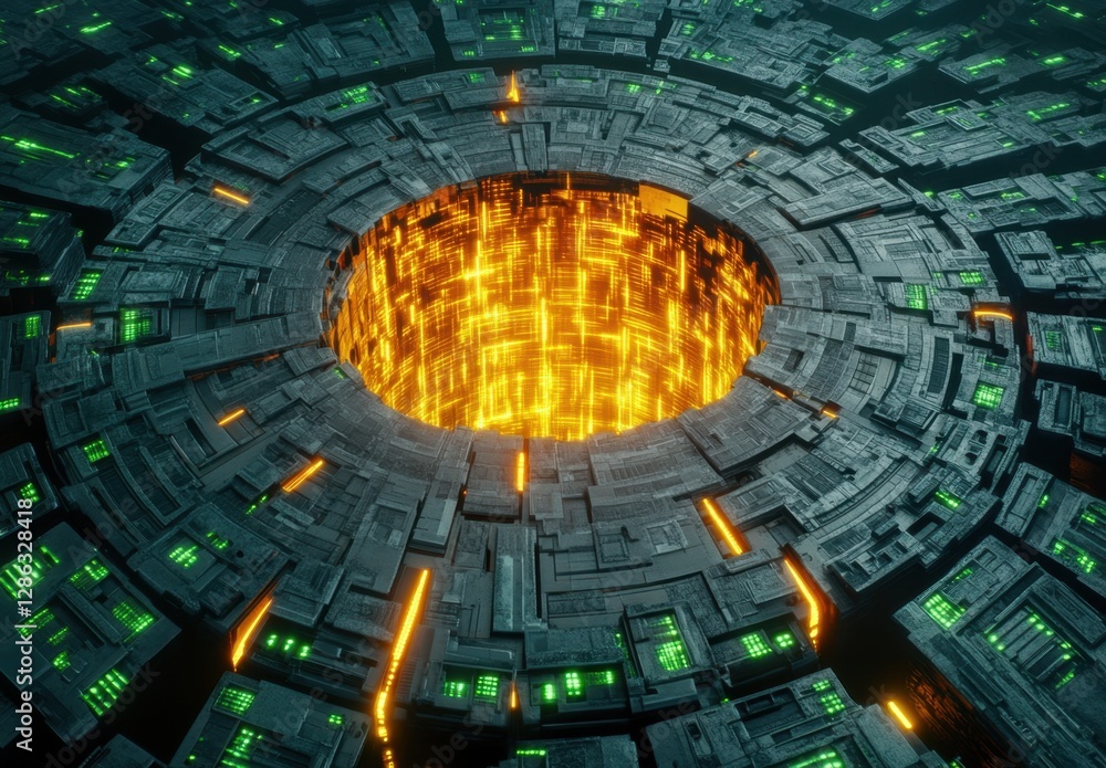 Poster abstract digital art depicting a circular technological structure with glowing orange core and green