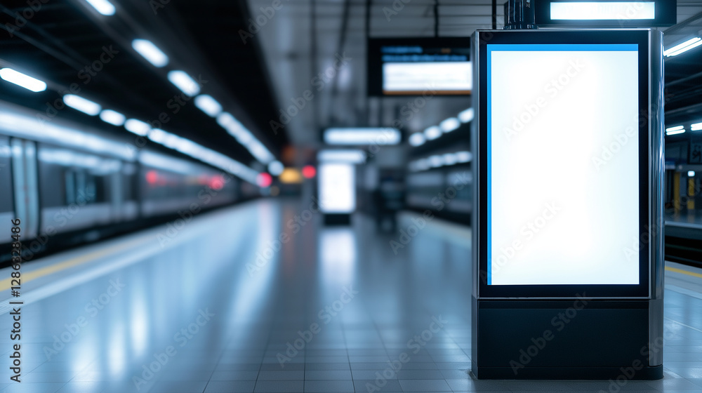 Poster Close-up of a large, high-tech advertising display standing empty on a train platform.