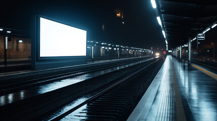 Fototapeta premium Outdoor train station platform at night with a bright, empty digital billboard glowing.