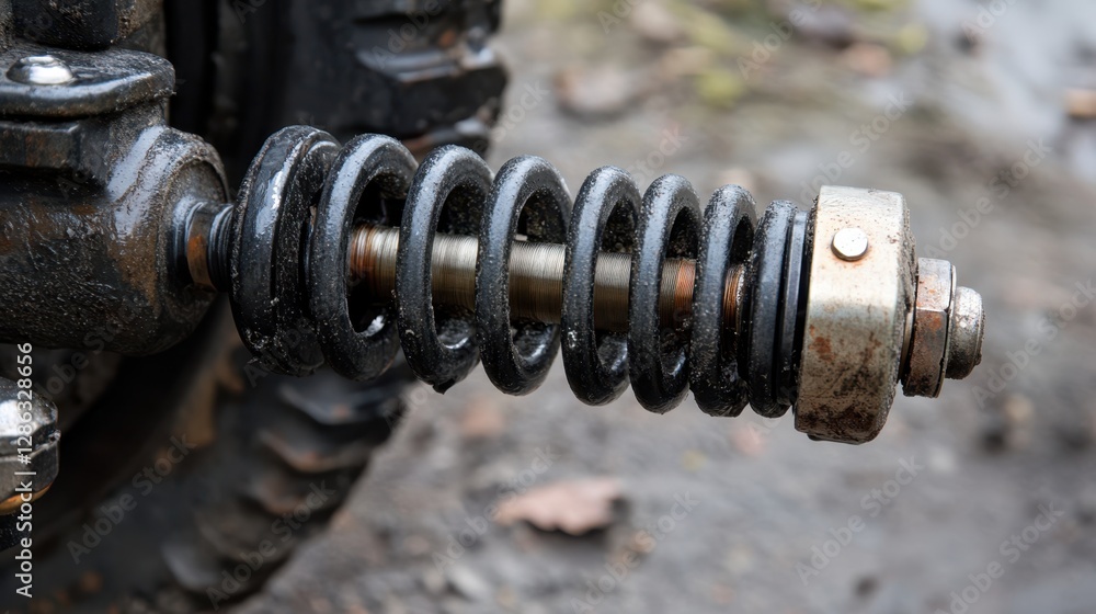 Poster a detailed close-up view of a motorcycle's front shock absorber, showcasing its design and functiona