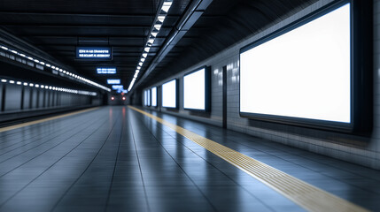 Industrial-style train platform with a spacious LED billboard awaiting new advertisements.