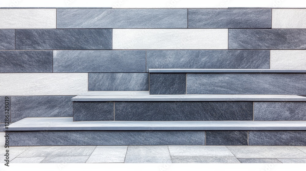 Poster a serene image depicting a set of steps leading to a bench, inviting relaxation in a tranquil outdoo