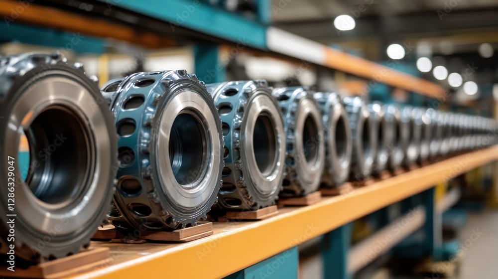 Poster a variety of gears displayed neatly on a factory shelf, showcasing their distinct shapes and sizes f