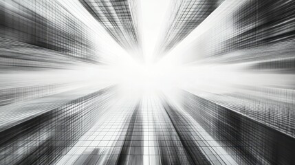 A striking black and white photograph showcasing a vibrant urban landscape, highlighting architecture and city life with dramatic contrasts and textures.