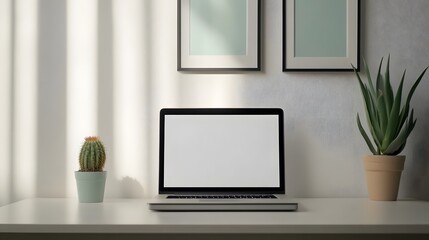 Stylish Laptop Workspace with Framed Art and Potted Cactus