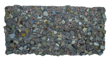 This flat rectangular surface features a diverse collection of gravel and stones in various shapes and colors, showcasing a blend of textures and materials. Aged paving stones isolated on white