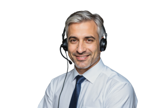 A professional businessman wearing a white shirt, tie, and headphones, standing against a transparent background