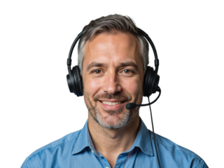 A well-groomed man wearing headphones is posed for a portrait against a transparent background
