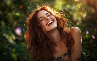 Fototapeta premium Professional stock photo of a Beautiful Young Woman with Long Hair Laughing in a Park