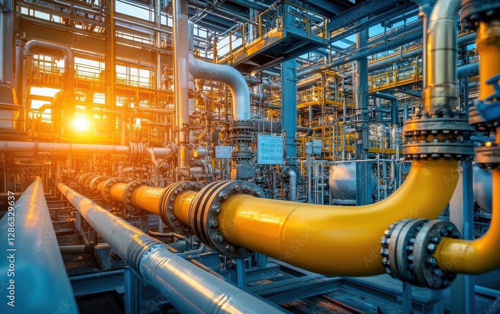 Poster a detailed close-up of a large yellow pipe, showcasing its texture and industrial setting within a f