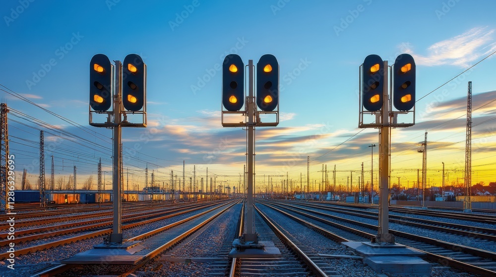 Poster three traffic lights illuminate the railroad tracks during a vibrant sunset, creating a striking con