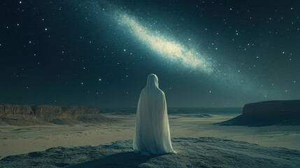 Arabian woman wearing traditional Muslim hijab with star light for Eid al-Adha mubarak background