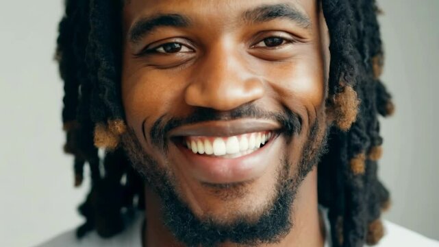 A joyful man with dreadlocks smiles brightly, creating a warm and inviting atmosphere. The natural light enhances his features, highlighting his happiness in an indoor space.