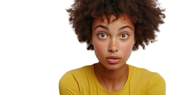 Young woman with curly hair showcases a surprised expression against a neutral backdrop in a bright yellow top