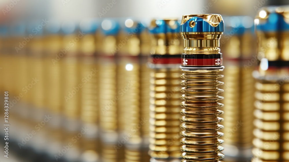 Poster a striking display of numerous gold and blue springs arranged in a continuous line, showcasing vibra