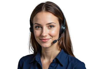 A young woman with brown hair wearing a dark blue shirt and a headset, standing against a transparent background
