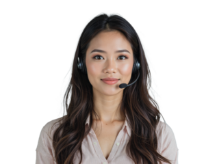 A young woman wearing a pink shirt is smiling and wearing a black headset with a microphone, set against a transparent background
