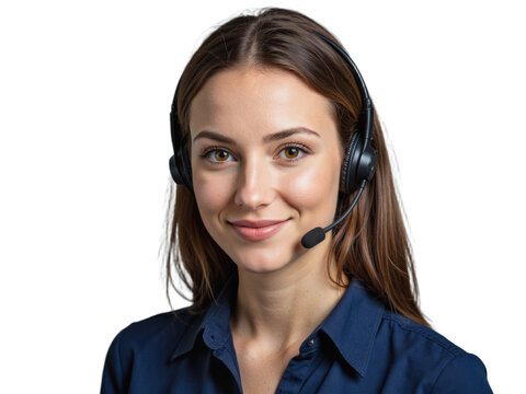 A young woman with brown hair wearing a dark blue shirt and a headset, standing against a transparent background