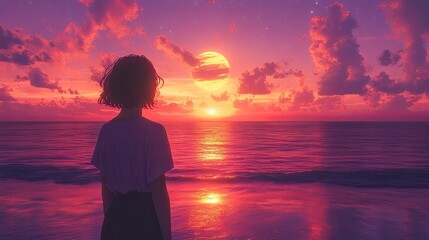 Fototapeta premium Girl Watching Vibrant Sunset Ocean Beach Scene
