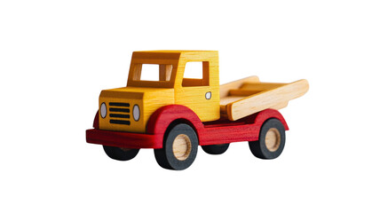 Fototapeta premium Colorful wooden toy truck designed for children play, showcasing vibrant colors and classic design elements in a playful setting