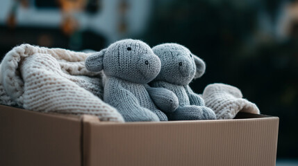 Baby booties, a soft blanket, and a stuffed elephant carefully placed in a donation box.