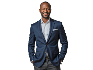 A man is standing indoors in front of a plain background, wearing a professional blue suit with a light-colored dress shirt and dark pants, smiling warmly and looking directly at the camera.