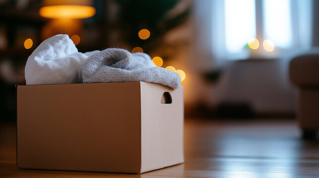 Soft lighting highlights a cardboard box of baby essentials, conveying warmth and generosity.