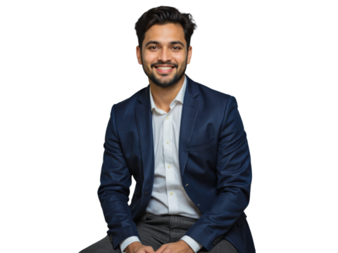 A young man in a navy blue blazer and white dress shirt sits against a transparent background - Powered by Adobe