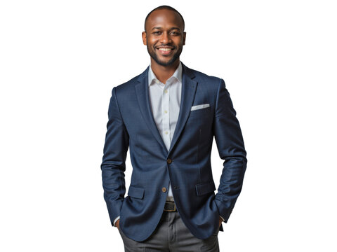 A man is standing indoors in front of a plain background, wearing a professional blue suit with a light-colored dress shirt and dark pants, smiling warmly and looking directly at the camera.