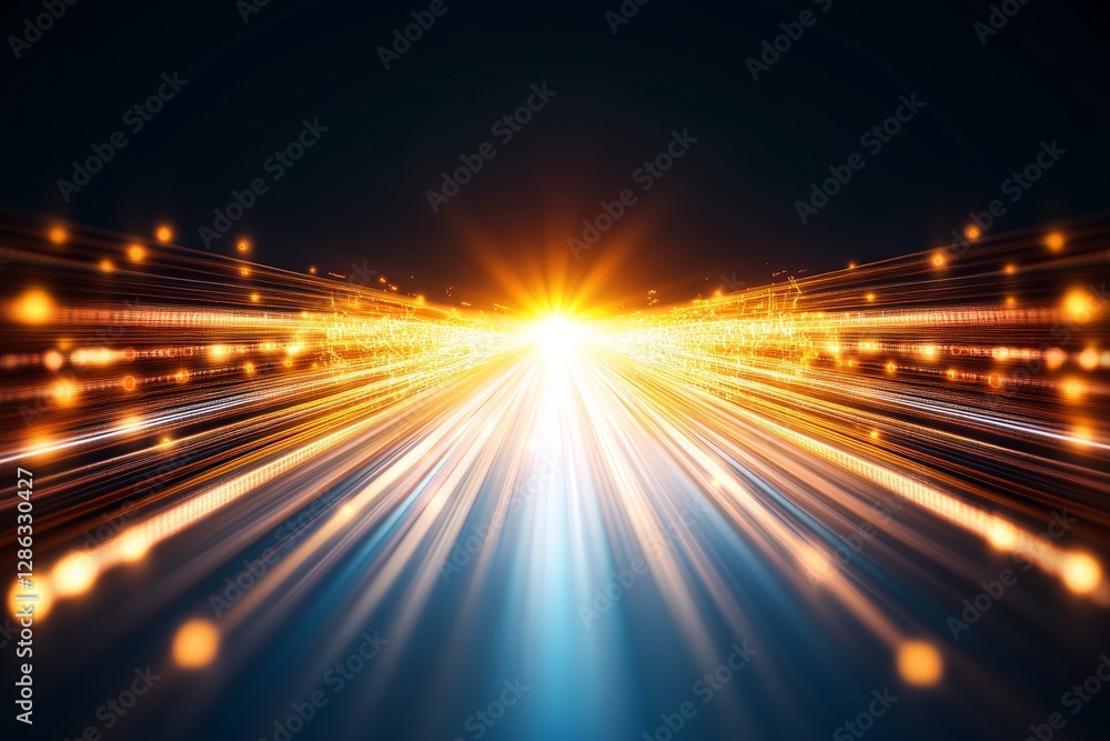 Poster speeding light trails on a futuristic highway at night symbolizing fast paced digital data flow and 