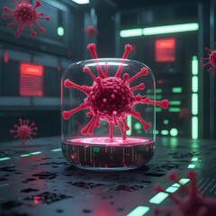 Set within a moody cyberpunk lab, the environment pulses with neon-green warning alerts flashing across futuristic monitors. 