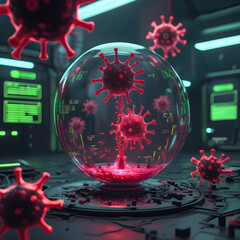 Set within a moody cyberpunk lab, the environment pulses with neon-green warning alerts flashing across futuristic monitors. 