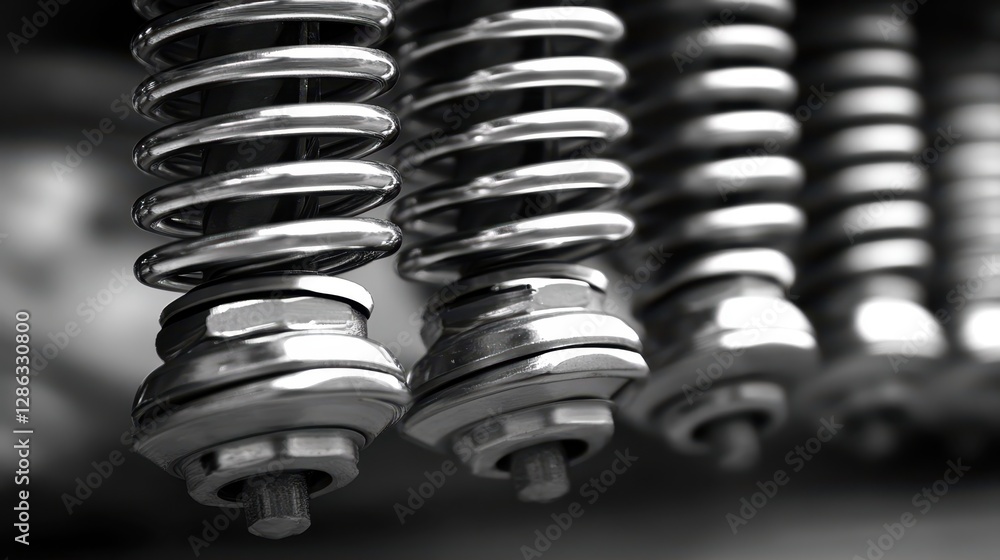 Poster a detailed close-up view of multiple springs suspended from a ceiling, showcasing their coiled struc
