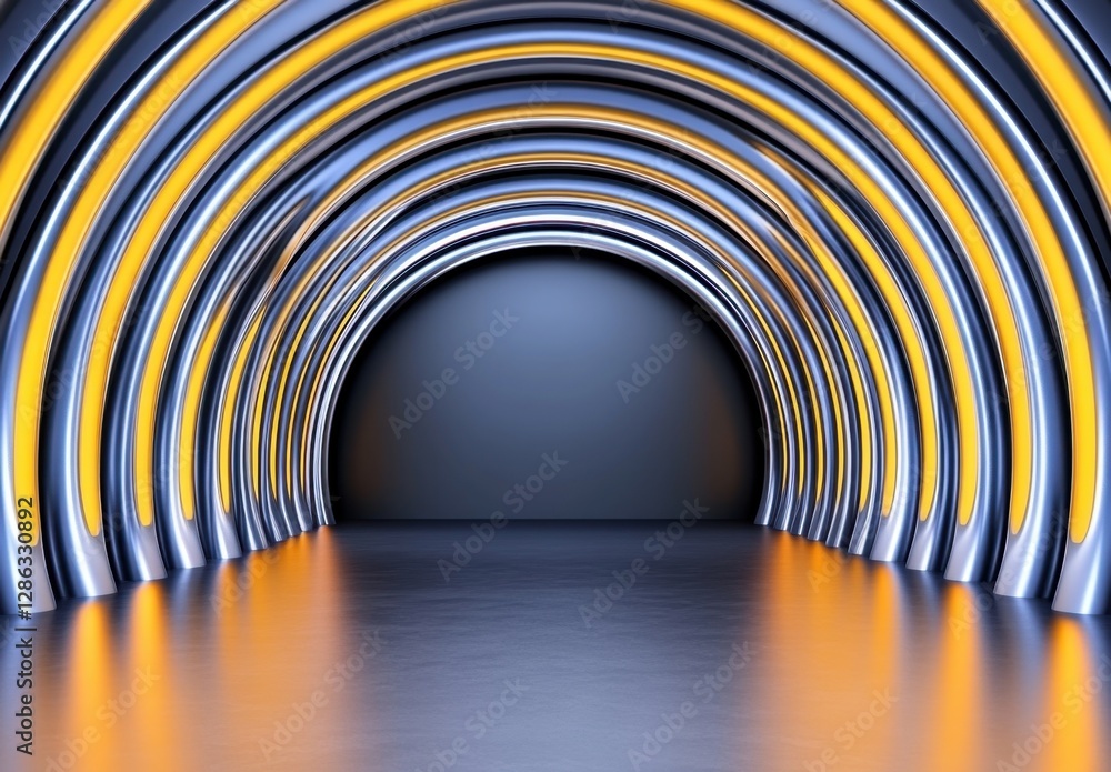 Poster abstract 3d rendering of a futuristic tunnel with glowing yellow and blue metallic arches. reflectiv