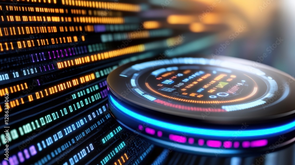 Poster abstract futuristic technology background with glowing circular interface element and colorful digit
