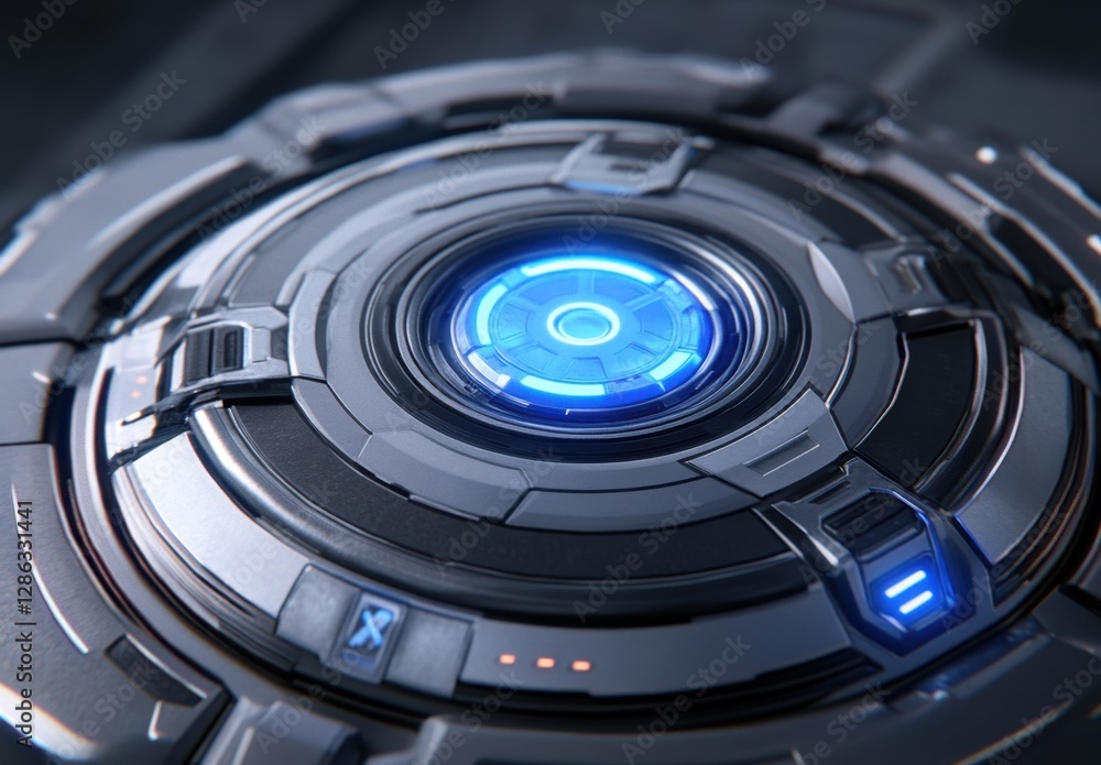 Poster close up view of a futuristic, circular device with a glowing blue core. the device has a metallic, 