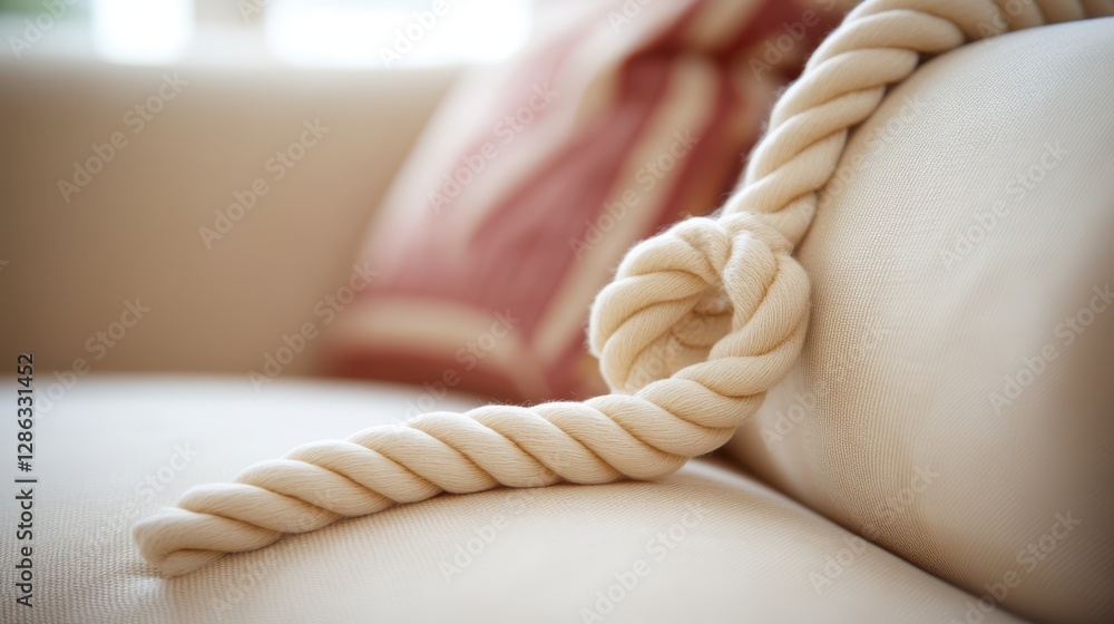 Poster a detailed close-up of a textured rope resting on a couch, with a soft pillow subtly visible in the 