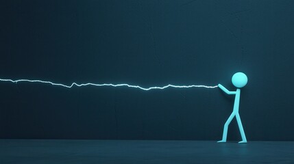 Stick Figure Pulling Lightning from Dark Wall in Minimalist Setting