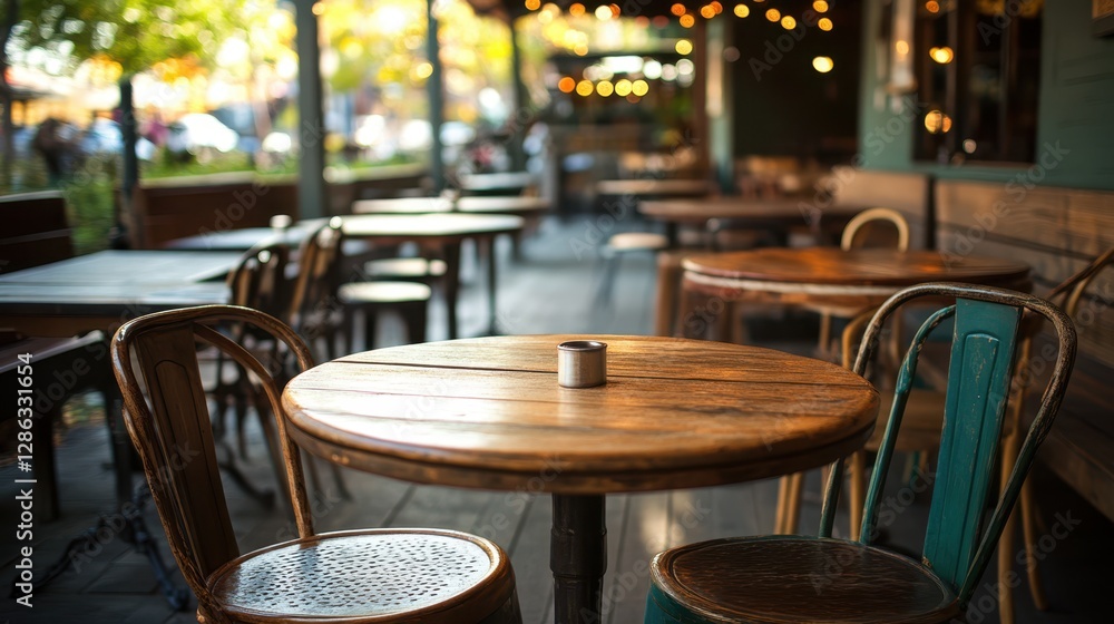 Poster outdoor dining setup featuring neatly arranged tables and chairs in front of a restaurant, creating 